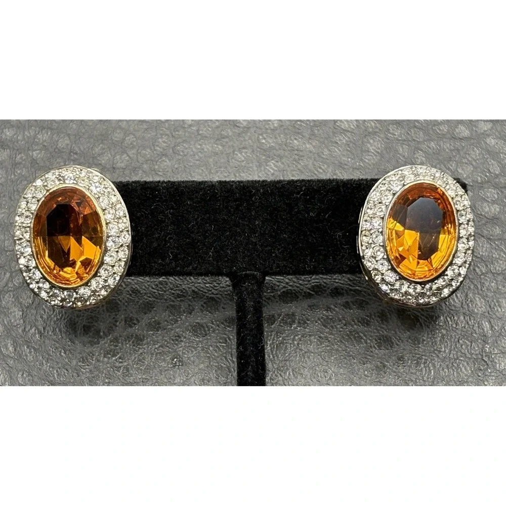 Ultima Edizione HUGE Yellow Stone 925 Sterling Silver Vintage Clip On Earrings